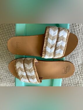 Beek Braided Chevron Slide Sandals in White and Tan